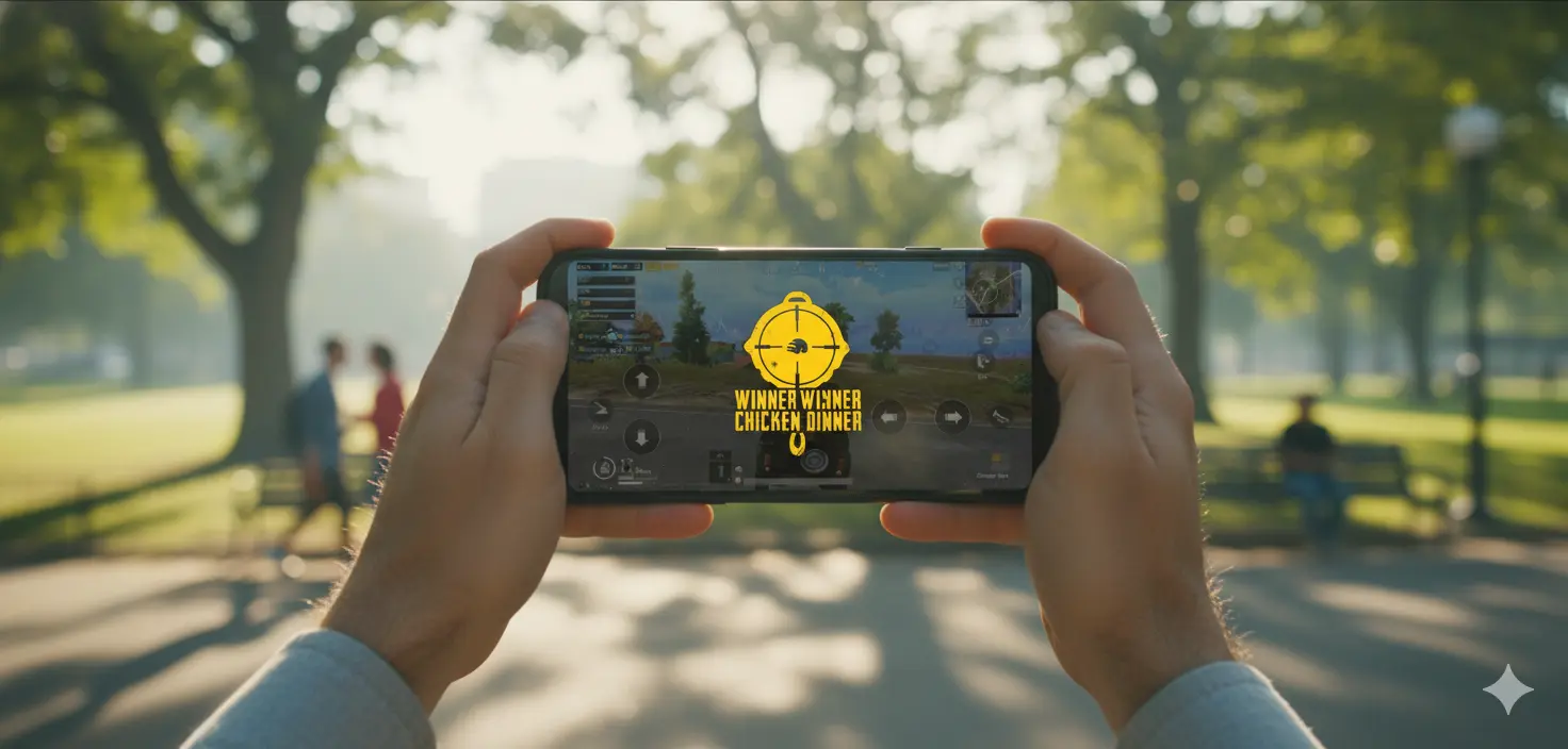A gamer playing PUBG Mobile on a smartphone with a focused expression